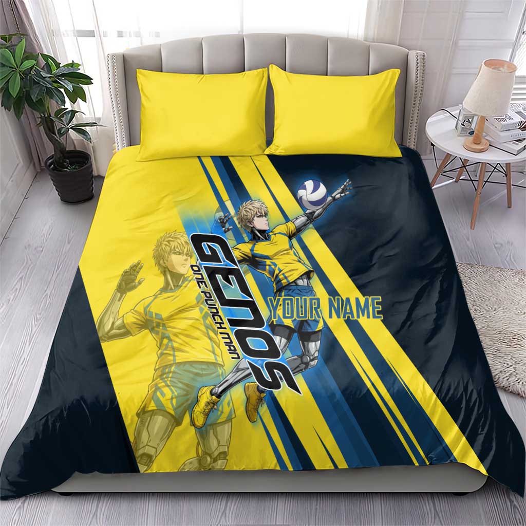 Personalized Genos Volleyball Design Bedding Set with Yellow and Blue Athletic Theme and Dynamic Spike Pose