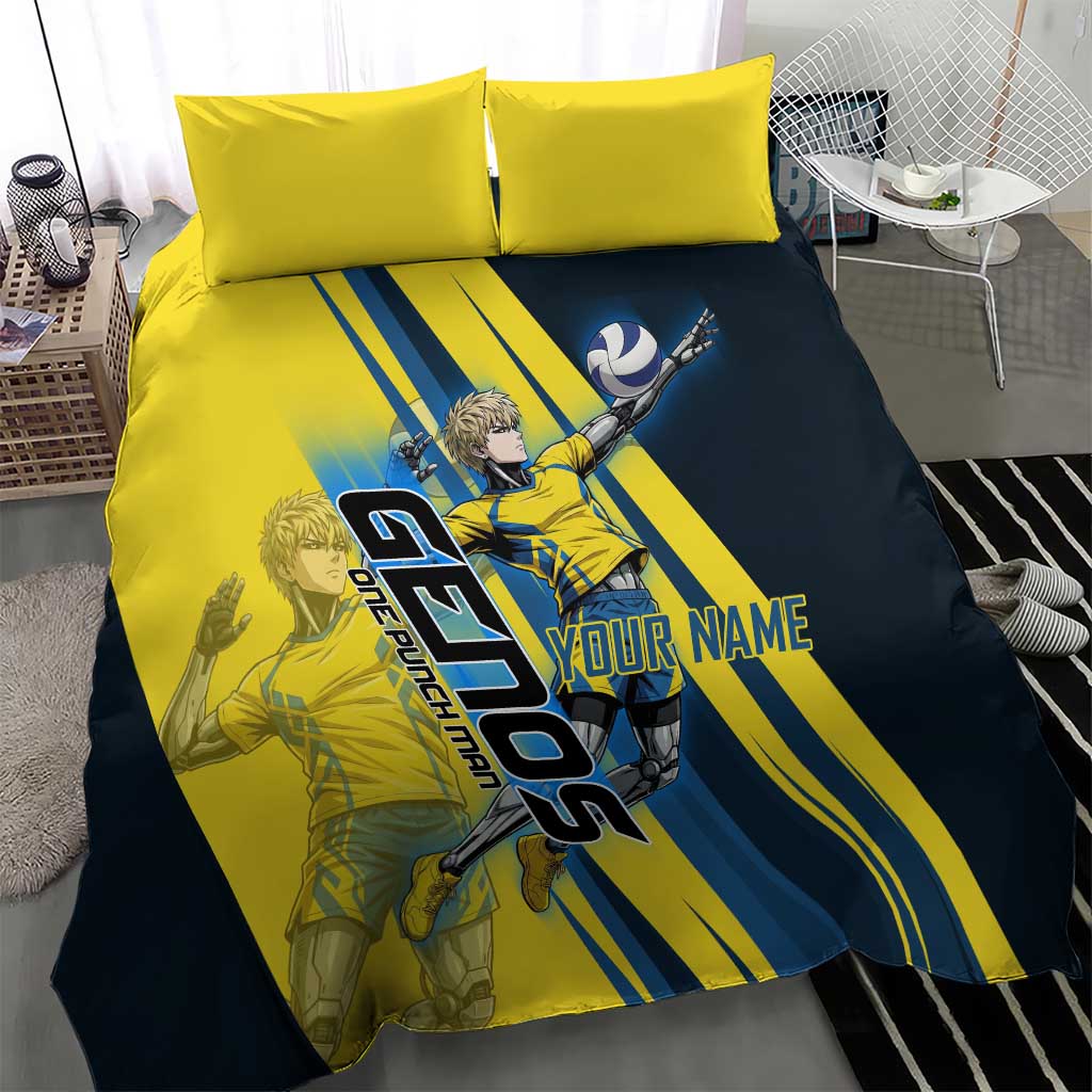 Personalized Genos Volleyball Design Bedding Set with Yellow and Blue Athletic Theme and Dynamic Spike Pose