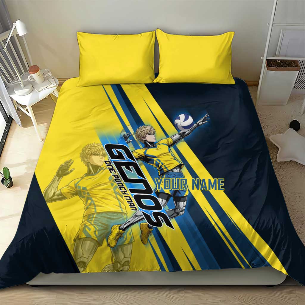 Personalized Genos Volleyball Design Bedding Set with Yellow and Blue Athletic Theme and Dynamic Spike Pose