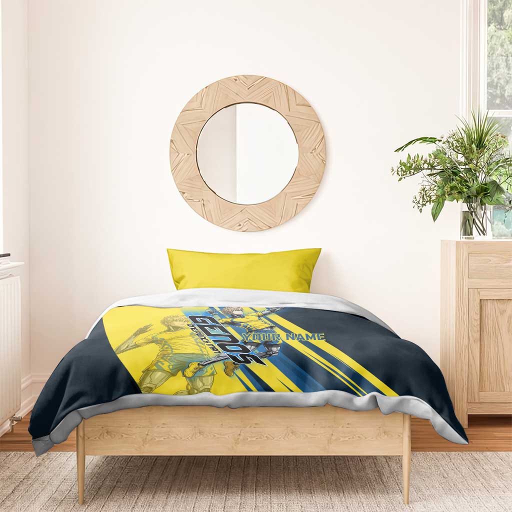 Personalized Genos Volleyball Design Bedding Set with Yellow and Blue Athletic Theme and Dynamic Spike Pose