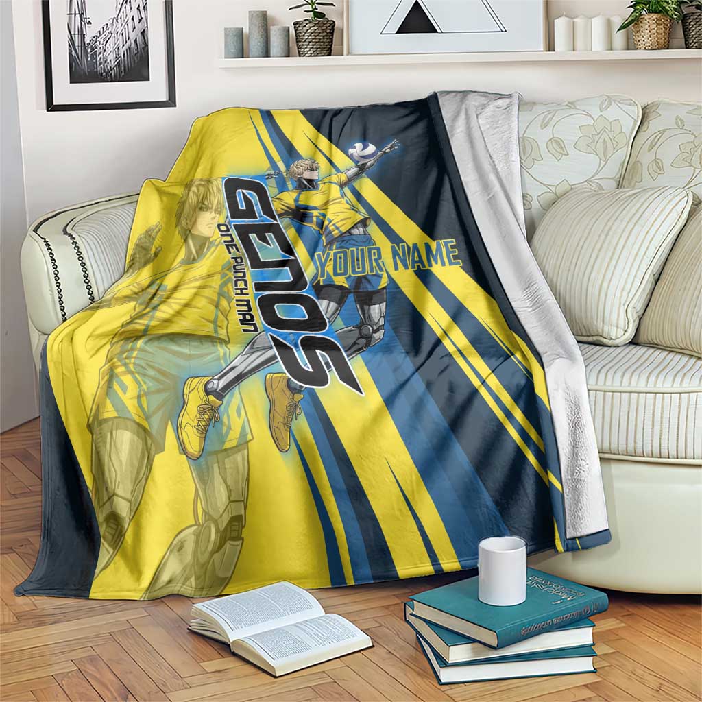 Personalized Genos Volleyball Design Blanket with Yellow and Blue Athletic Theme and Dynamic Spike Pose