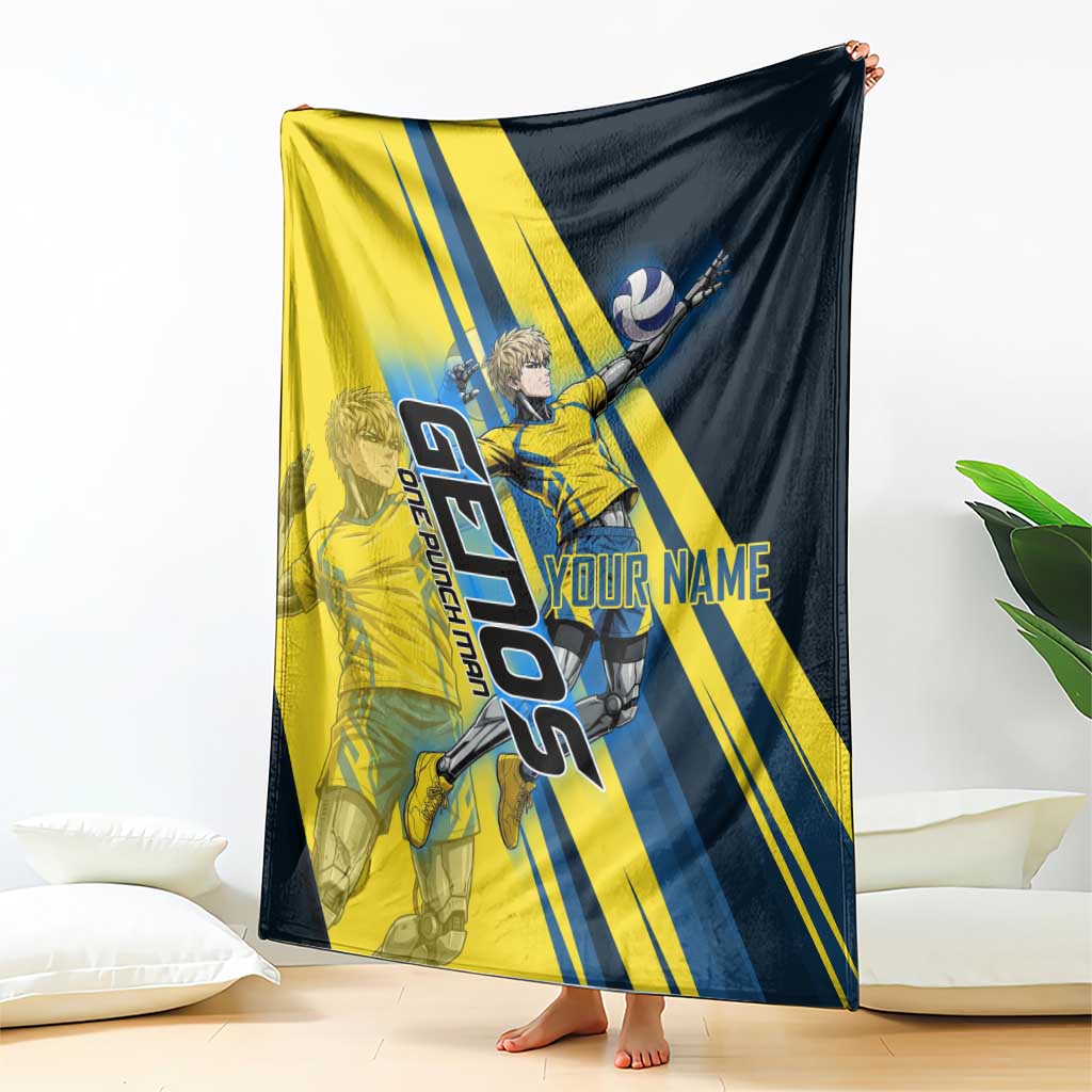 Personalized Genos Volleyball Design Blanket with Yellow and Blue Athletic Theme and Dynamic Spike Pose