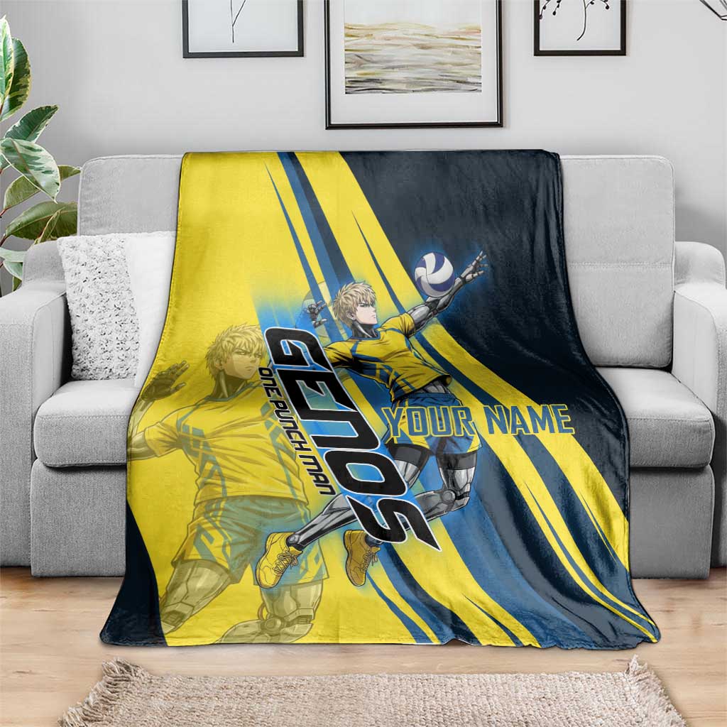 Personalized Genos Volleyball Design Blanket with Yellow and Blue Athletic Theme and Dynamic Spike Pose