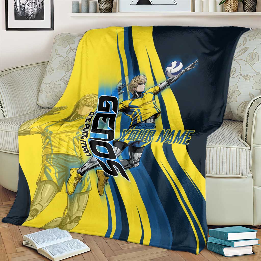 Personalized Genos Volleyball Design Blanket with Yellow and Blue Athletic Theme and Dynamic Spike Pose