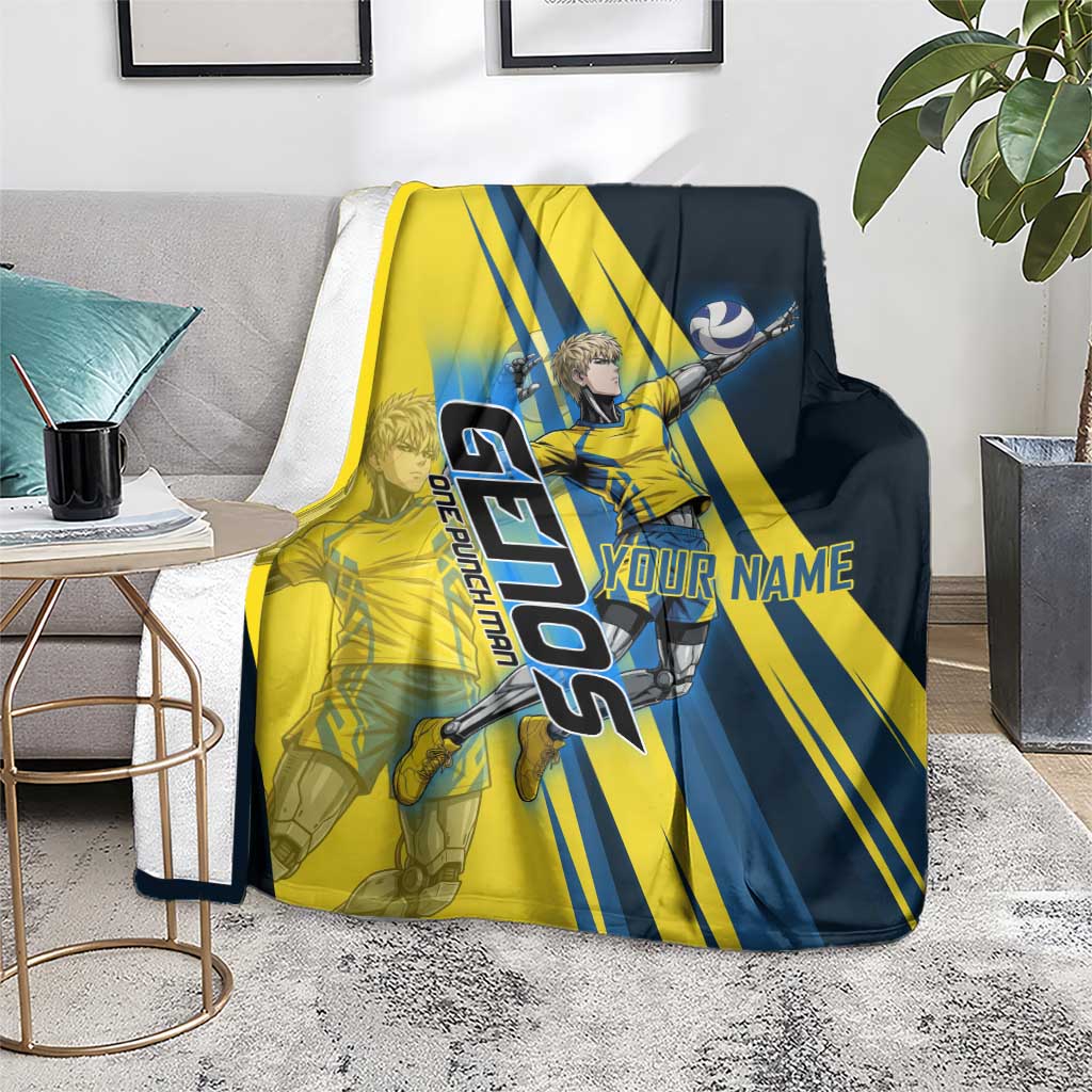 Personalized Genos Volleyball Design Blanket with Yellow and Blue Athletic Theme and Dynamic Spike Pose