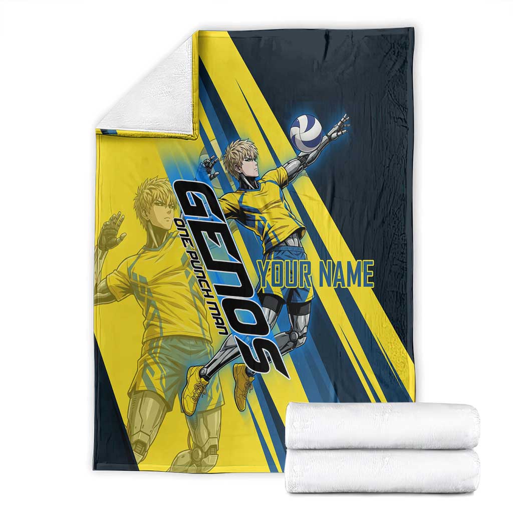 Personalized Genos Volleyball Design Blanket with Yellow and Blue Athletic Theme and Dynamic Spike Pose