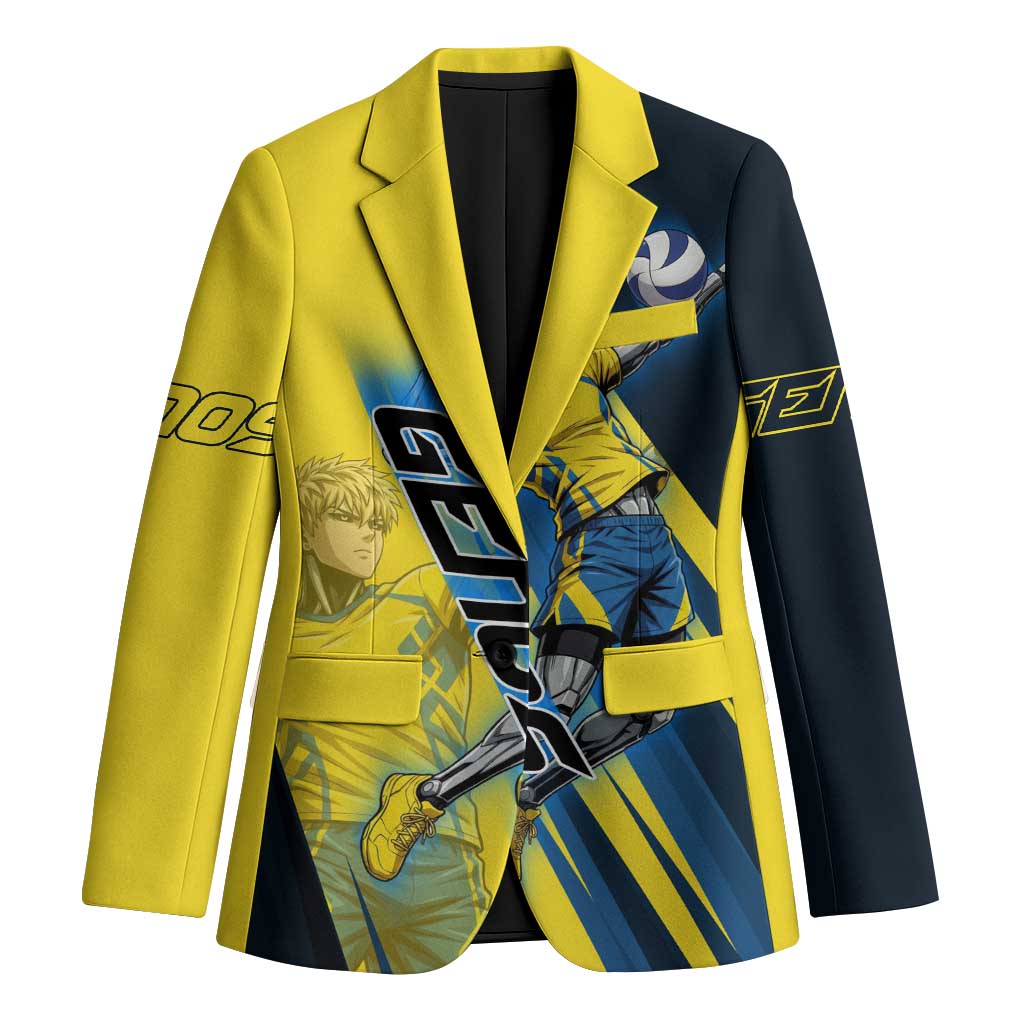 Personalized Genos Volleyball Design Blazer with Yellow and Blue Athletic Theme and Dynamic Spike Pose