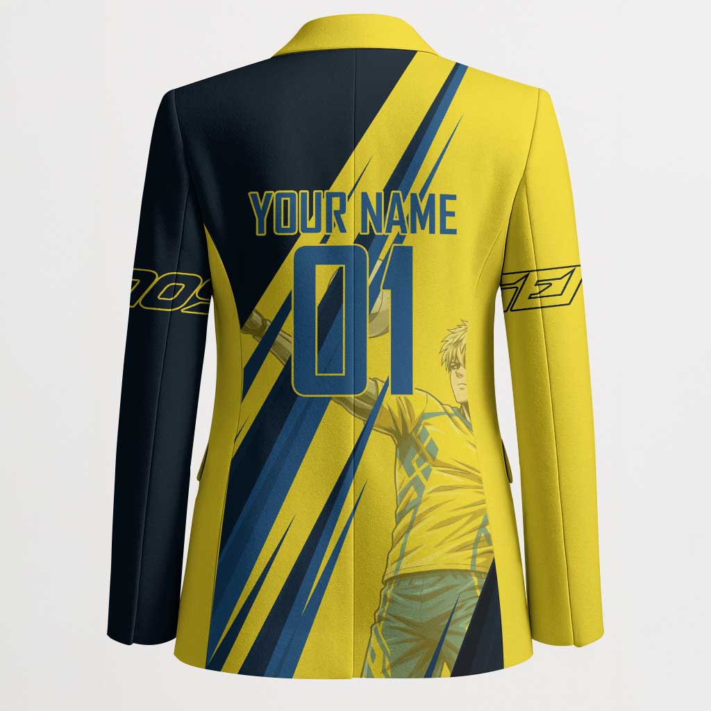 Personalized Genos Volleyball Design Blazer with Yellow and Blue Athletic Theme and Dynamic Spike Pose