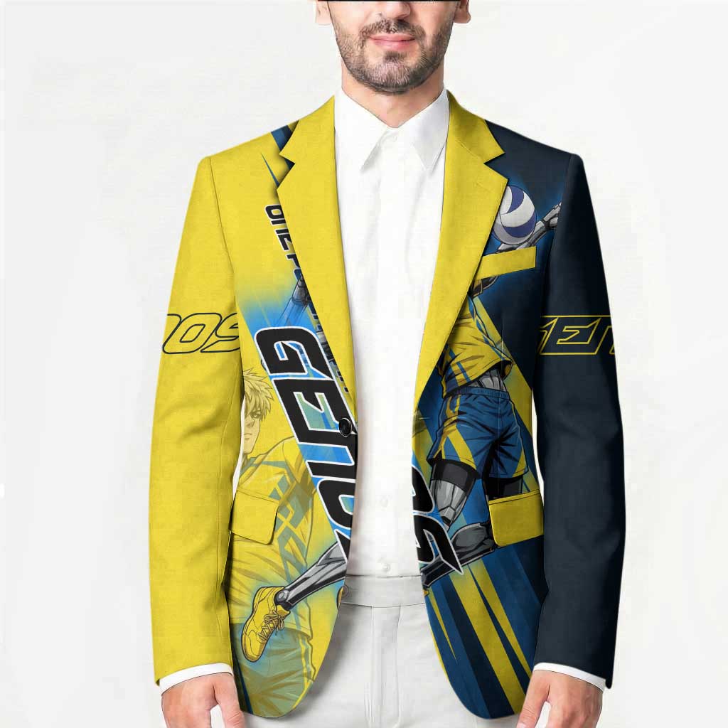 Personalized Genos Volleyball Design Blazer with Yellow and Blue Athletic Theme and Dynamic Spike Pose