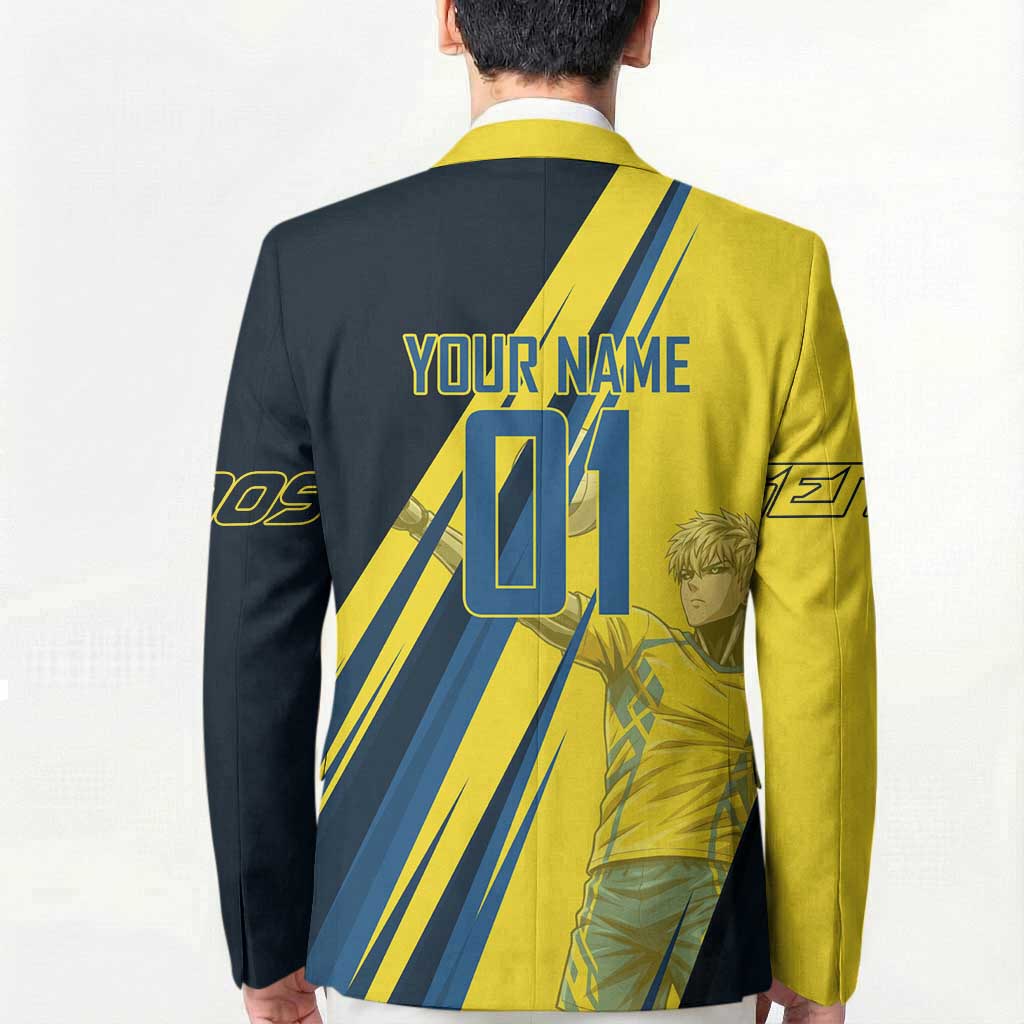 Personalized Genos Volleyball Design Blazer with Yellow and Blue Athletic Theme and Dynamic Spike Pose