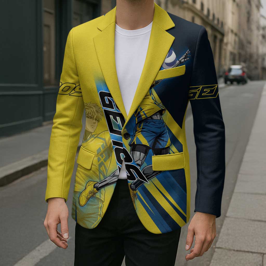 Personalized Genos Volleyball Design Blazer with Yellow and Blue Athletic Theme and Dynamic Spike Pose