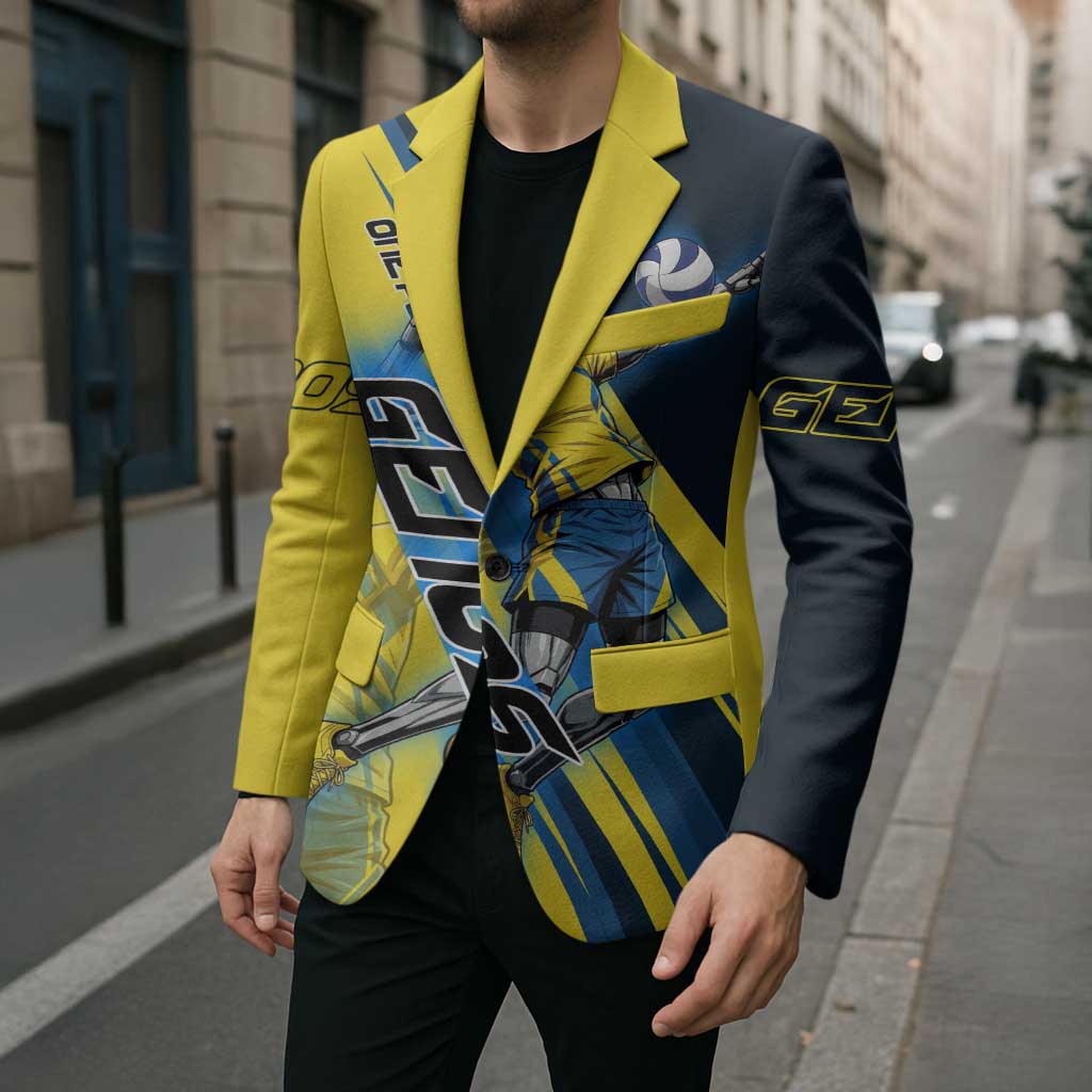 Personalized Genos Volleyball Design Blazer with Yellow and Blue Athletic Theme and Dynamic Spike Pose
