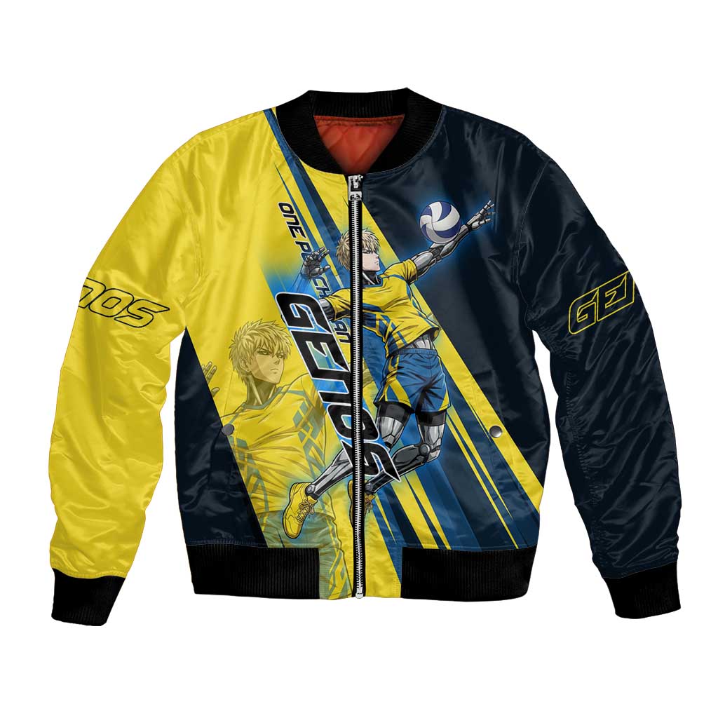 Personalized Genos Volleyball Design Bomber Jacket with Yellow and Blue Athletic Theme and Dynamic Spike Pose