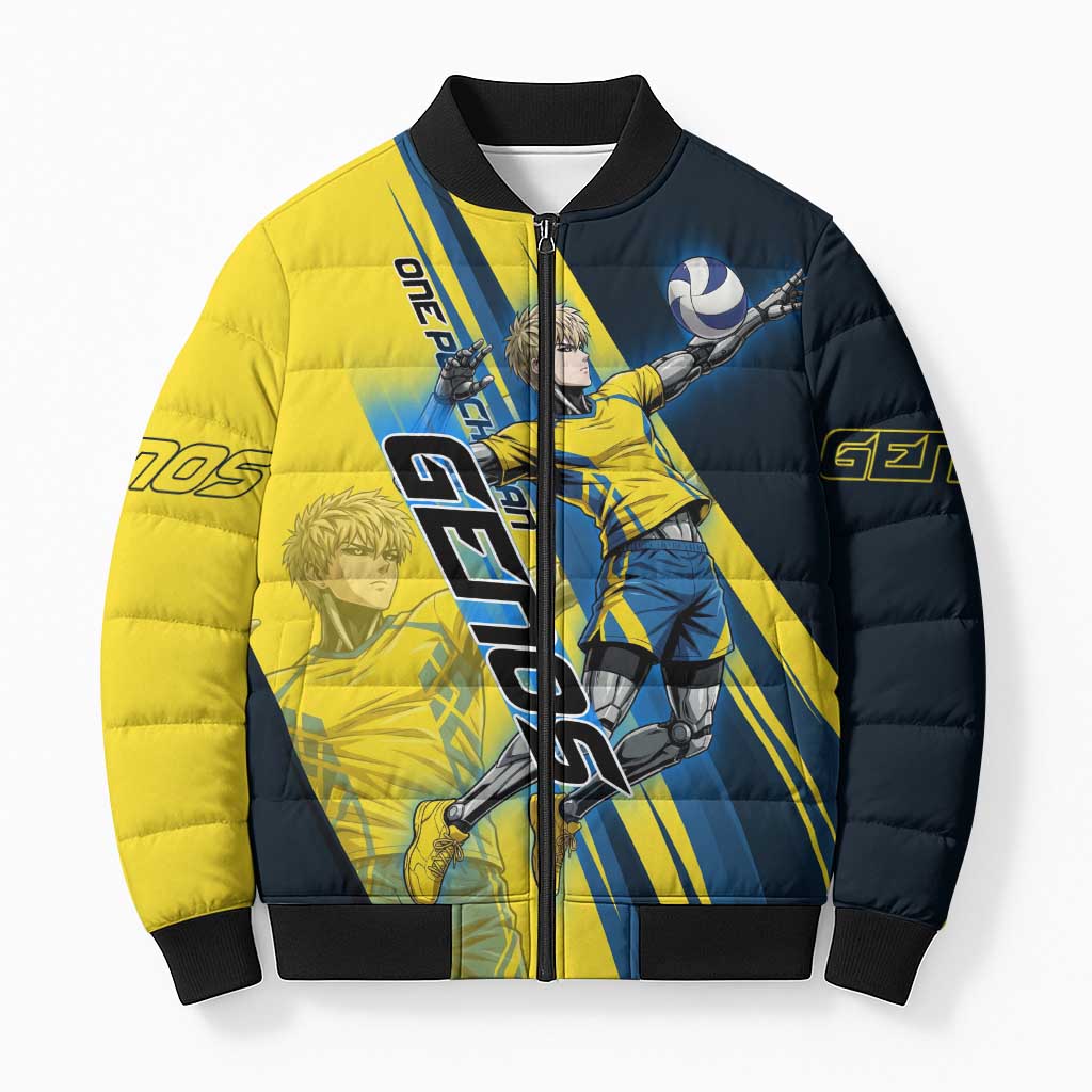 Personalized Genos Volleyball Design Bomber Puffer Jacket with Yellow and Blue Athletic Theme and Dynamic Spike Pose