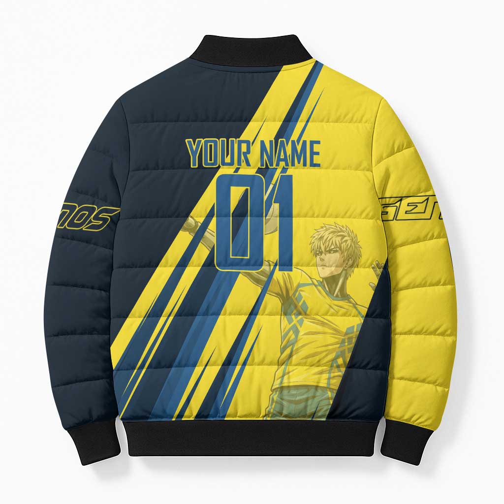 Personalized Genos Volleyball Design Bomber Puffer Jacket with Yellow and Blue Athletic Theme and Dynamic Spike Pose