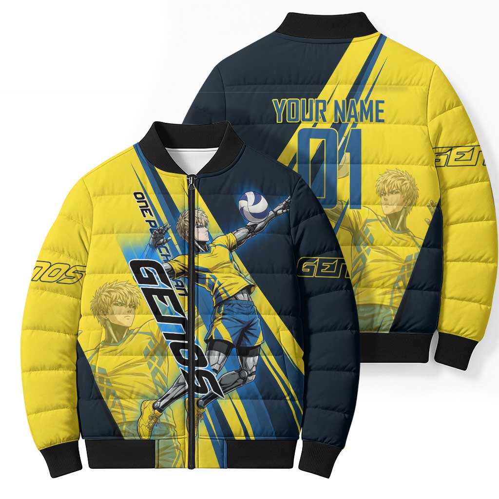 Personalized Genos Volleyball Design Bomber Puffer Jacket with Yellow and Blue Athletic Theme and Dynamic Spike Pose