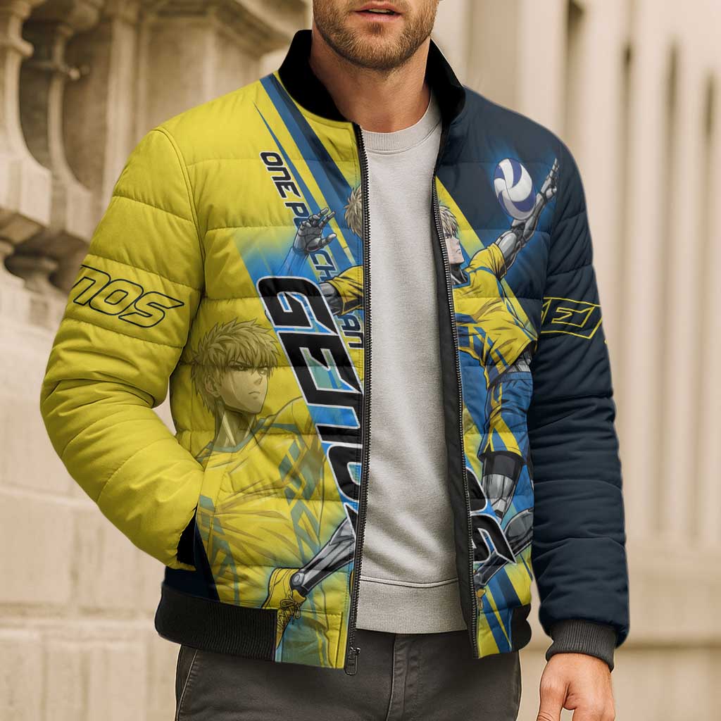 Personalized Genos Volleyball Design Bomber Puffer Jacket with Yellow and Blue Athletic Theme and Dynamic Spike Pose