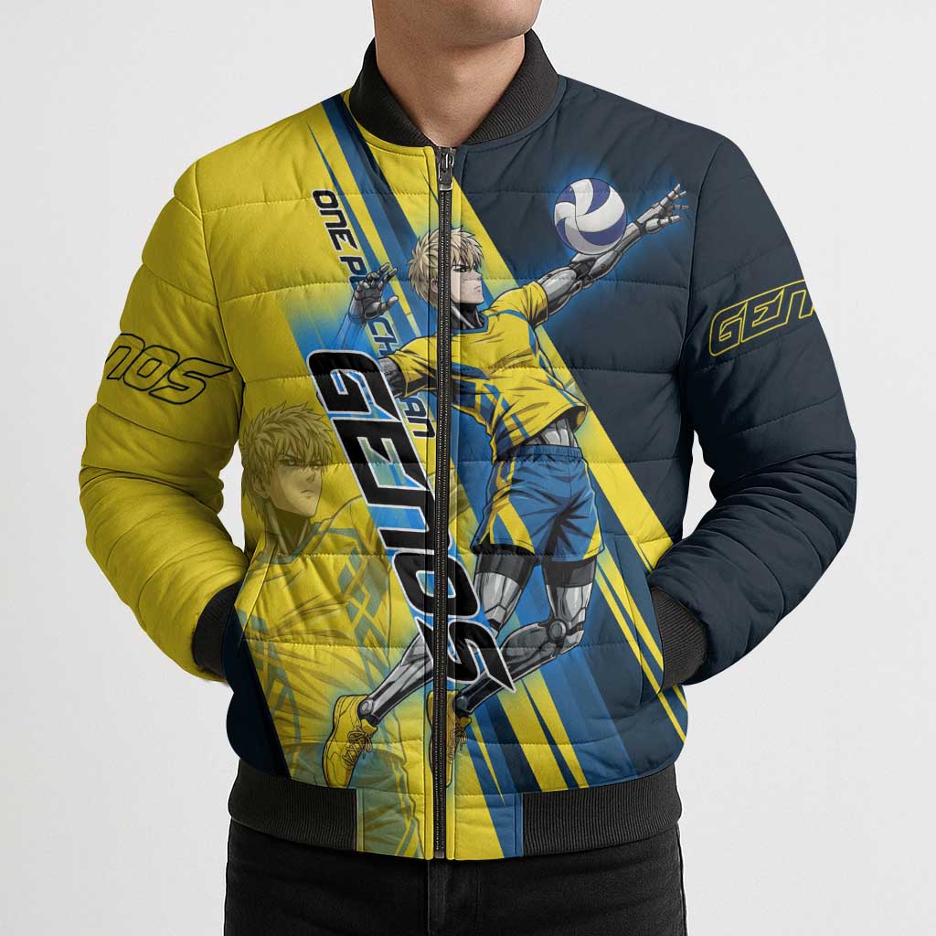 Personalized Genos Volleyball Design Bomber Puffer Jacket with Yellow and Blue Athletic Theme and Dynamic Spike Pose
