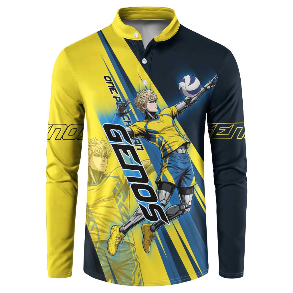 Personalized Genos Volleyball Design Button Sweatshirt with Yellow and Blue Athletic Theme and Dynamic Spike Pose
