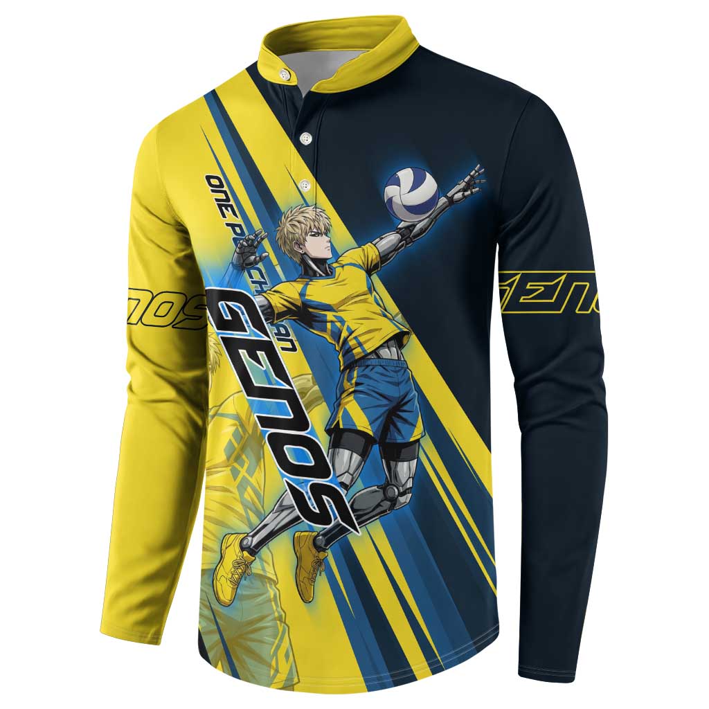 Personalized Genos Volleyball Design Button Sweatshirt with Yellow and Blue Athletic Theme and Dynamic Spike Pose