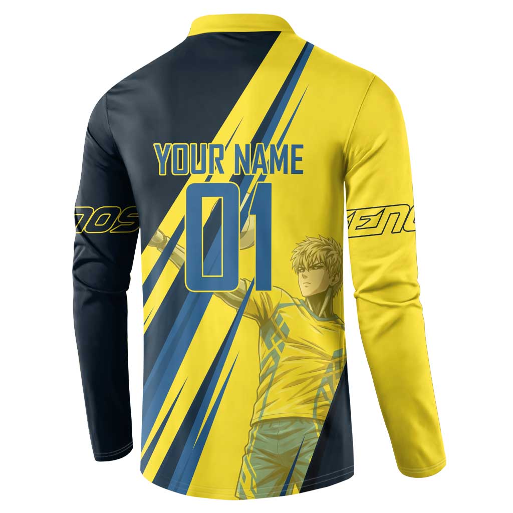 Personalized Genos Volleyball Design Button Sweatshirt with Yellow and Blue Athletic Theme and Dynamic Spike Pose