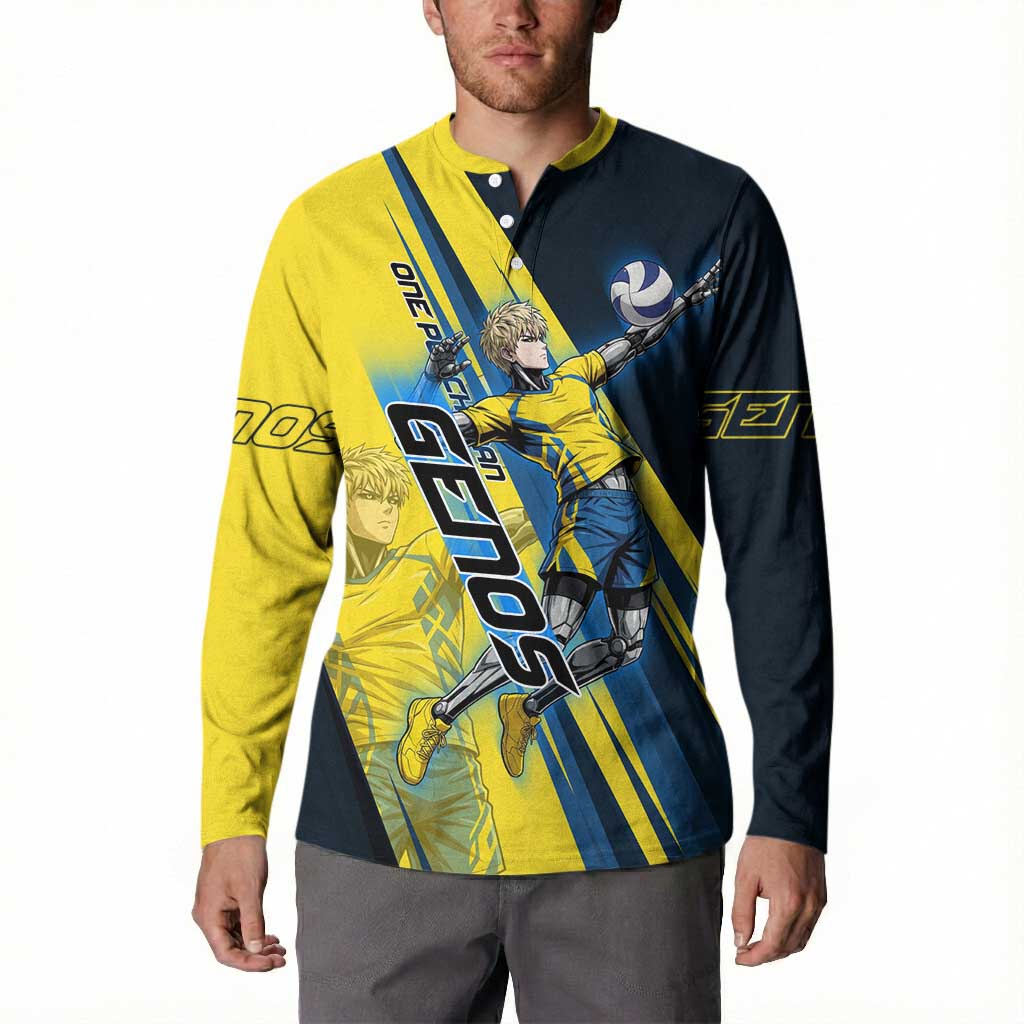 Personalized Genos Volleyball Design Button Sweatshirt with Yellow and Blue Athletic Theme and Dynamic Spike Pose