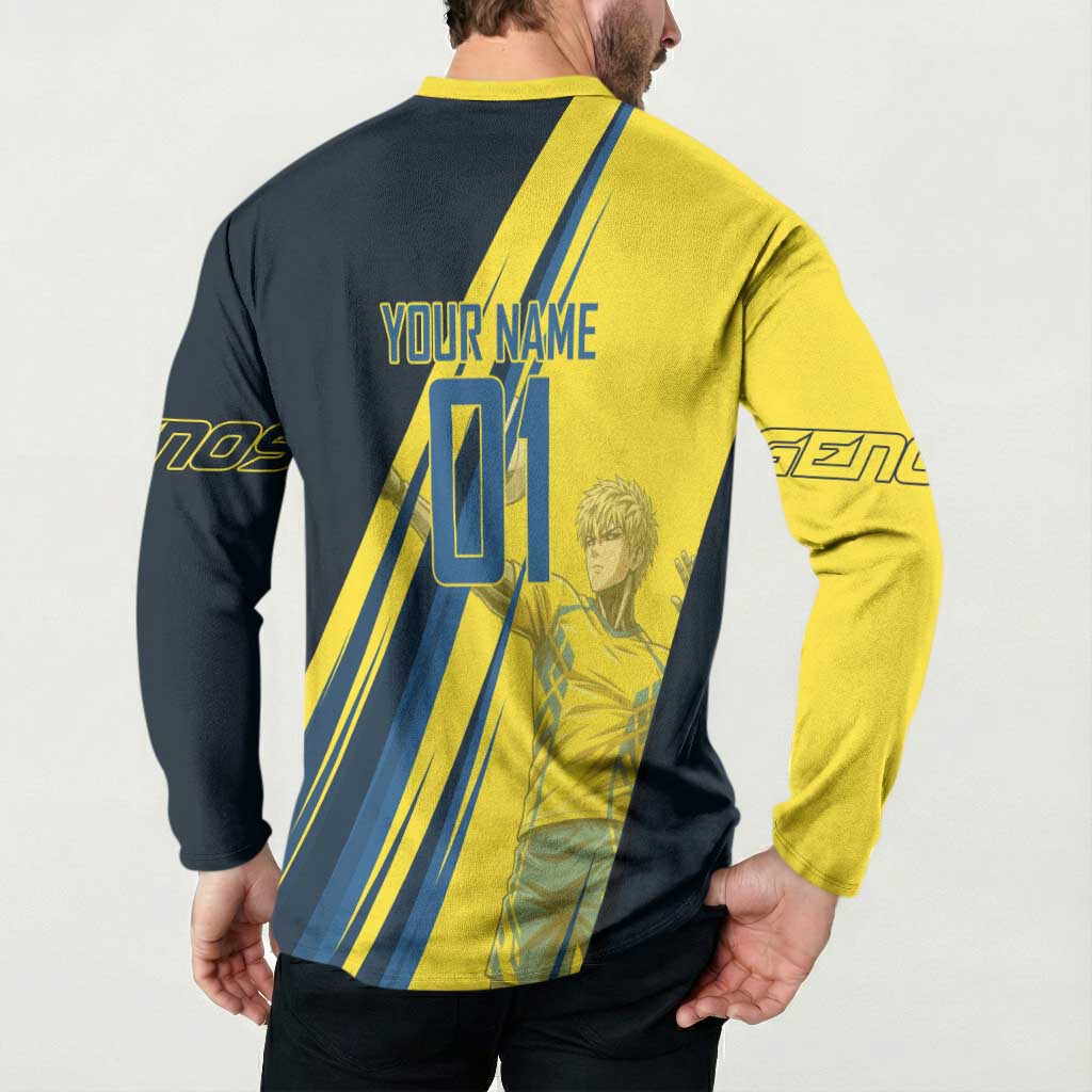 Personalized Genos Volleyball Design Button Sweatshirt with Yellow and Blue Athletic Theme and Dynamic Spike Pose