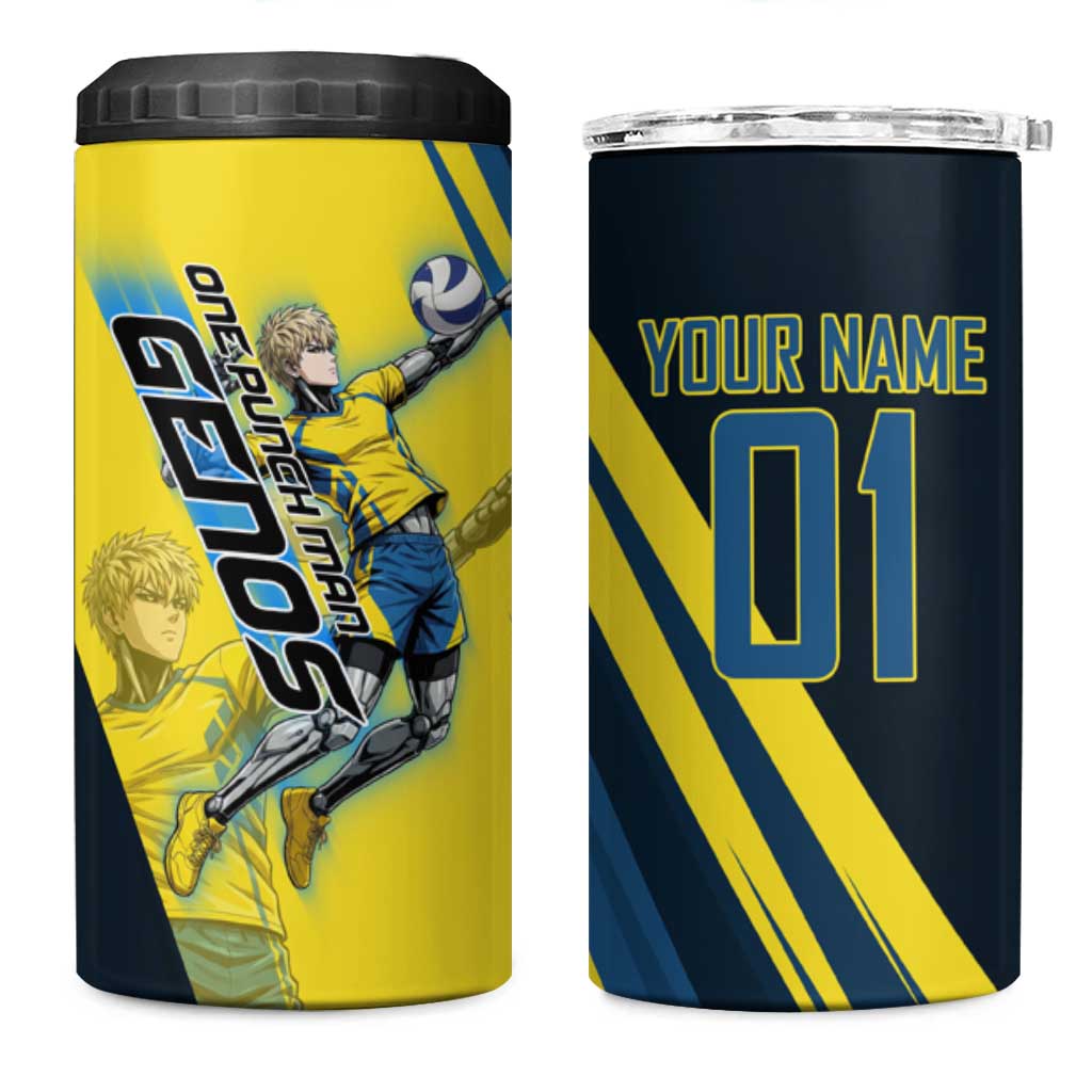 Personalized Genos Volleyball Design 4 in 1 Can Cooler Tumbler with Yellow and Blue Athletic Theme and Dynamic Spike Pose