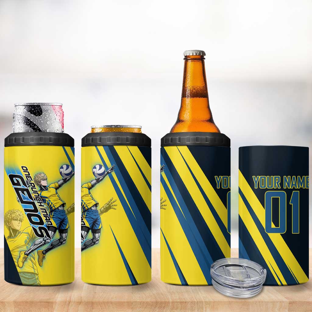 Personalized Genos Volleyball Design 4 in 1 Can Cooler Tumbler with Yellow and Blue Athletic Theme and Dynamic Spike Pose