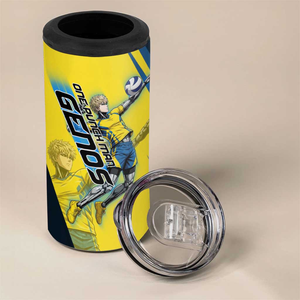 Personalized Genos Volleyball Design 4 in 1 Can Cooler Tumbler with Yellow and Blue Athletic Theme and Dynamic Spike Pose