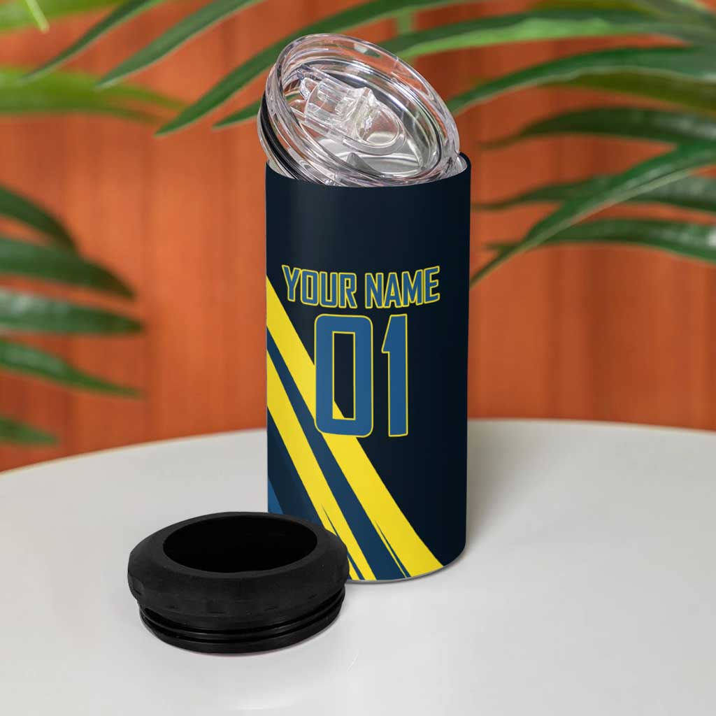 Personalized Genos Volleyball Design 4 in 1 Can Cooler Tumbler with Yellow and Blue Athletic Theme and Dynamic Spike Pose