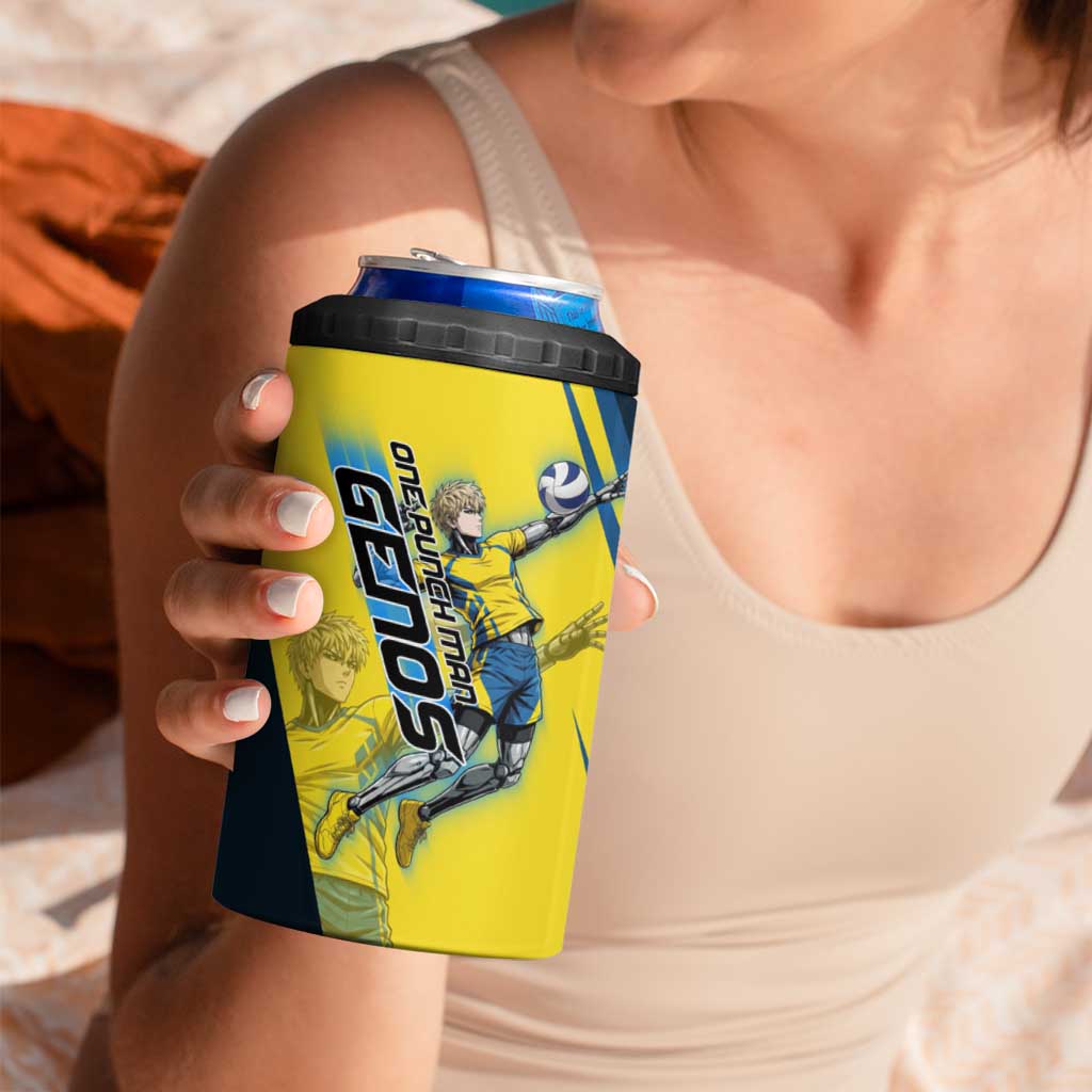 Personalized Genos Volleyball Design 4 in 1 Can Cooler Tumbler with Yellow and Blue Athletic Theme and Dynamic Spike Pose
