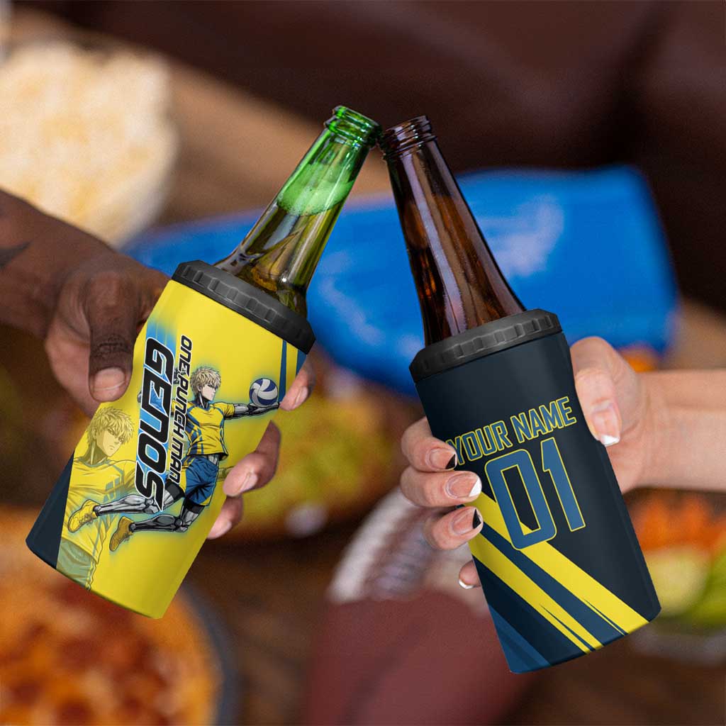 Personalized Genos Volleyball Design 4 in 1 Can Cooler Tumbler with Yellow and Blue Athletic Theme and Dynamic Spike Pose
