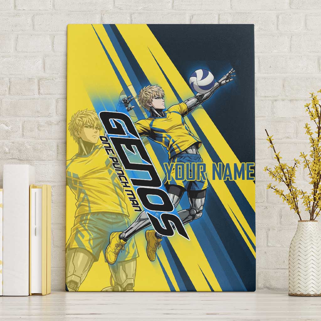 Personalized Genos Volleyball Design Canvas Wall Art with Yellow and Blue Athletic Theme and Dynamic Spike Pose