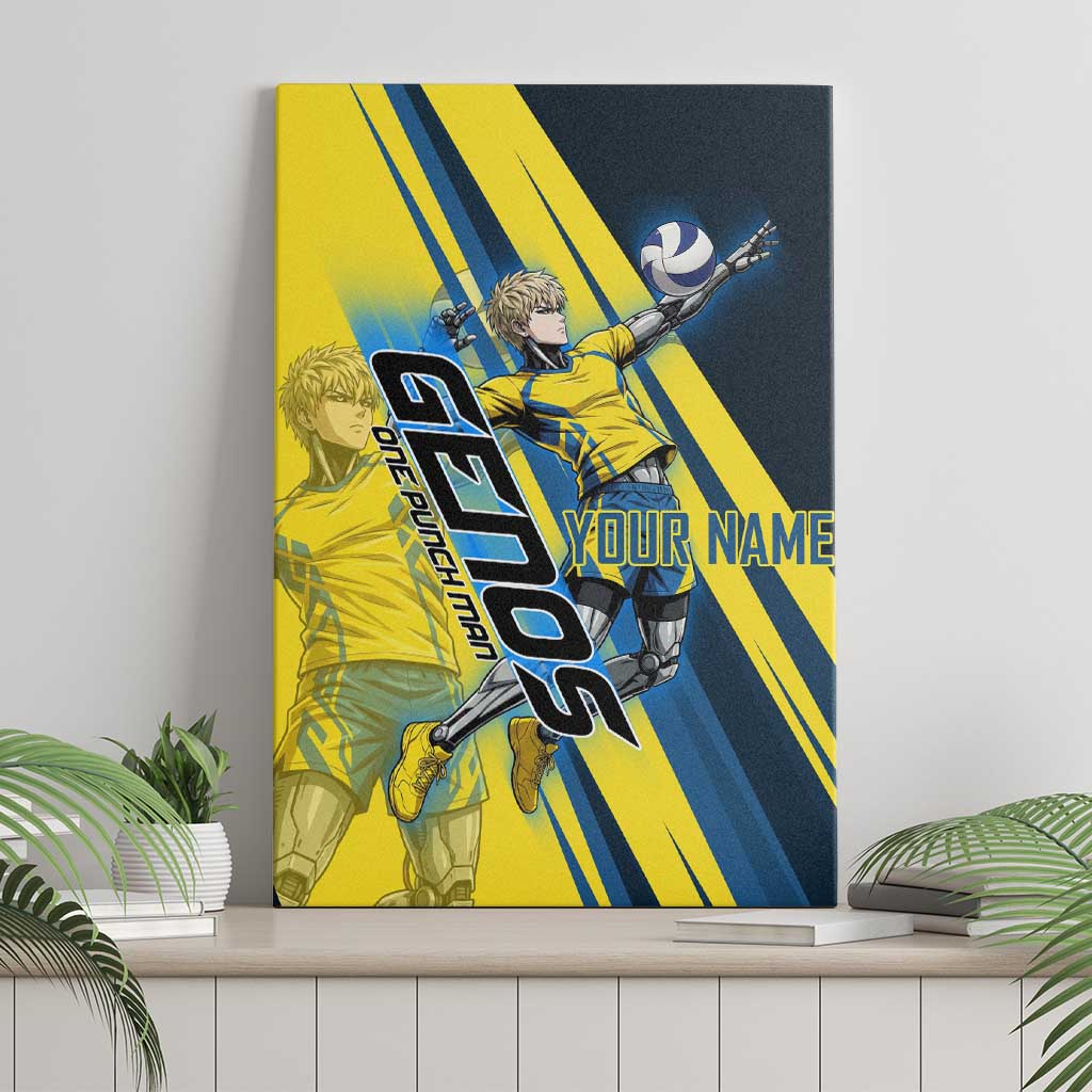 Personalized Genos Volleyball Design Canvas Wall Art with Yellow and Blue Athletic Theme and Dynamic Spike Pose