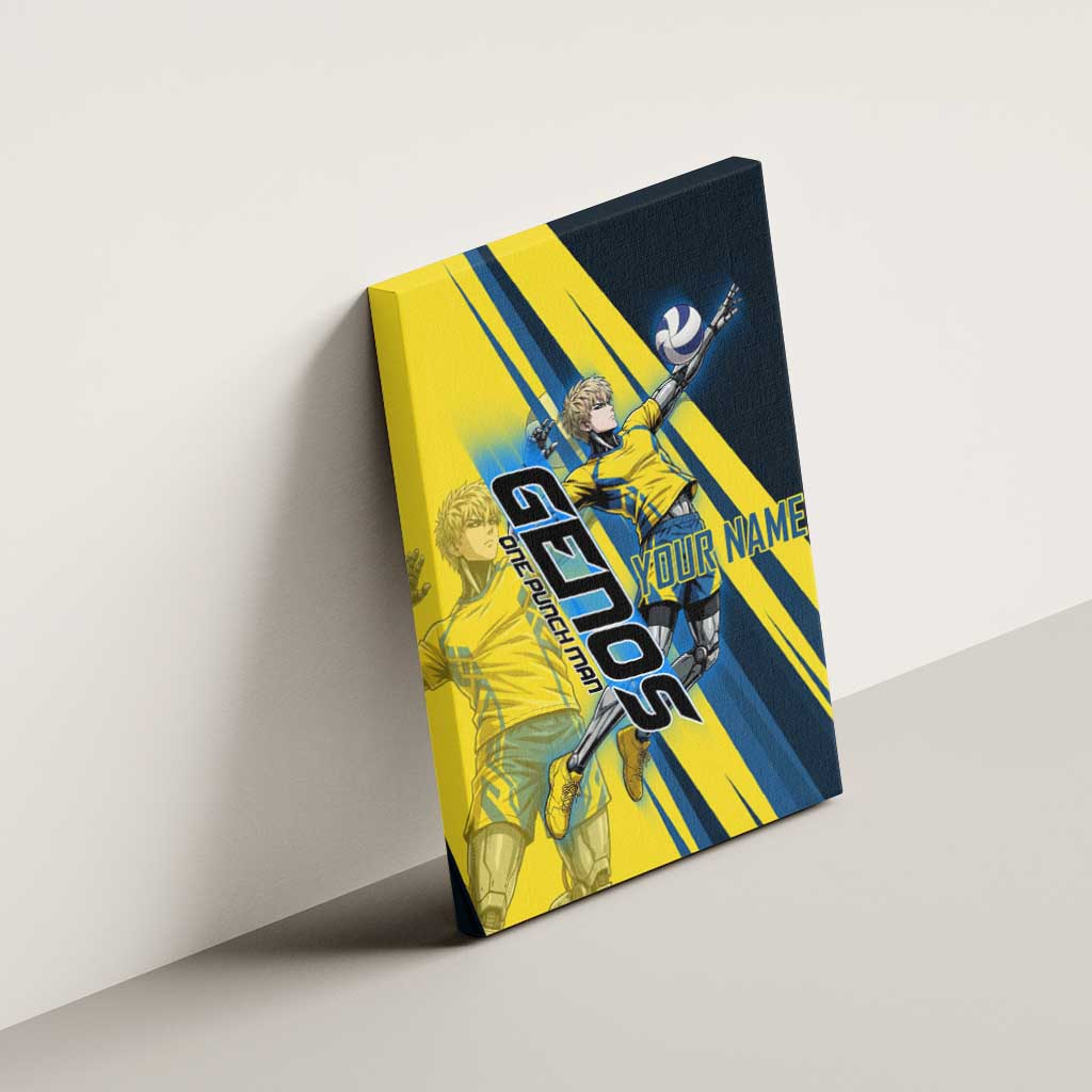 Personalized Genos Volleyball Design Canvas Wall Art with Yellow and Blue Athletic Theme and Dynamic Spike Pose