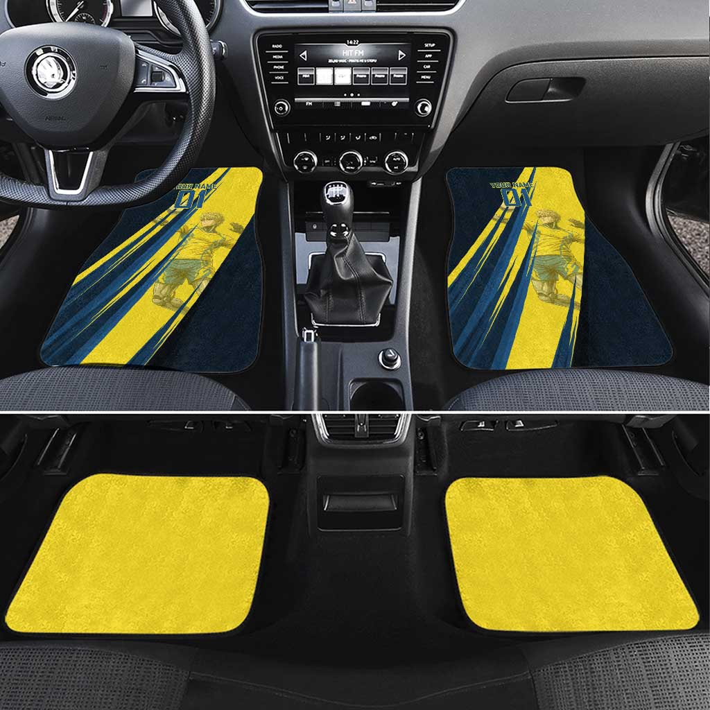 Personalized Genos Volleyball Design Car Mats with Yellow and Blue Athletic Theme and Dynamic Spike Pose
