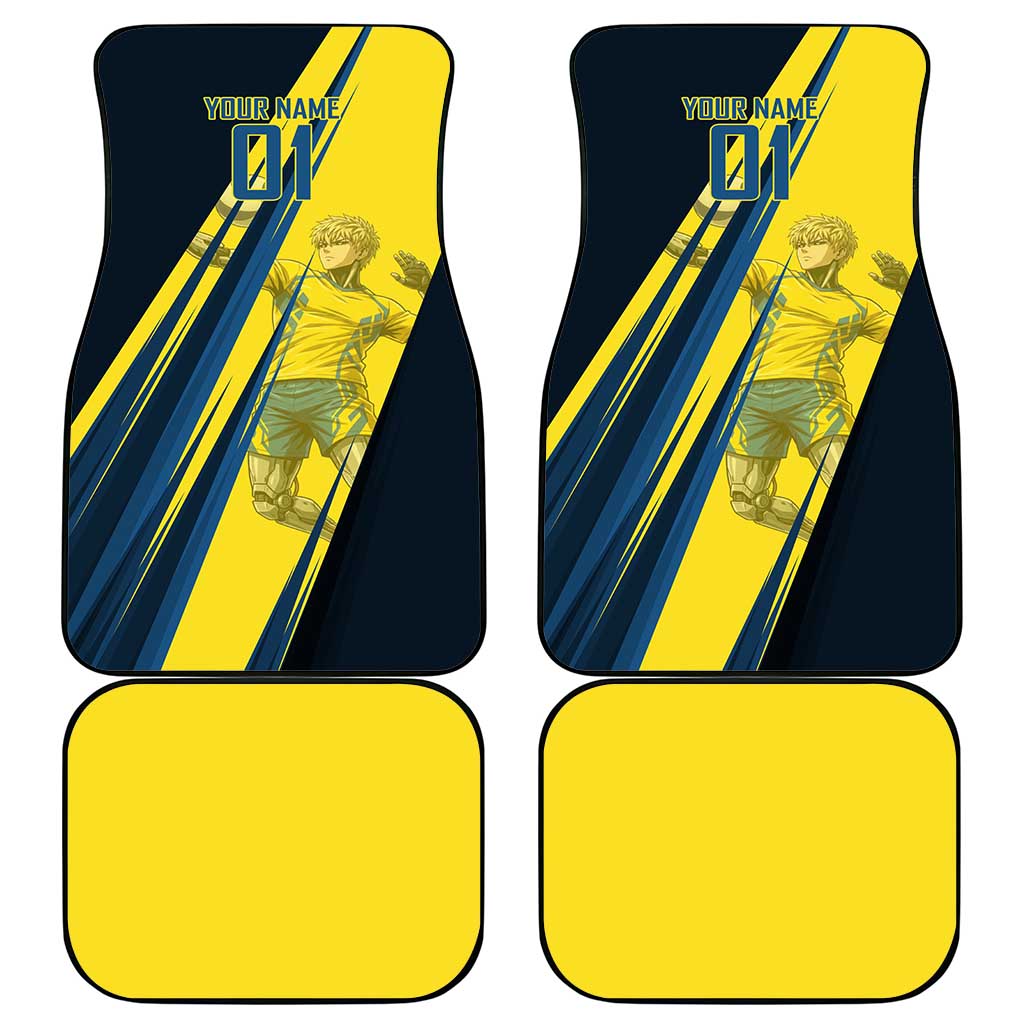 Personalized Genos Volleyball Design Car Mats with Yellow and Blue Athletic Theme and Dynamic Spike Pose