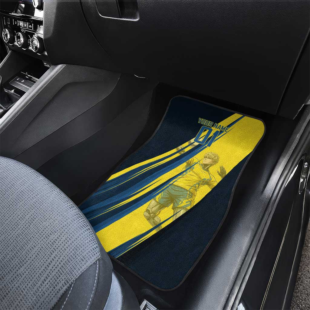 Personalized Genos Volleyball Design Car Mats with Yellow and Blue Athletic Theme and Dynamic Spike Pose