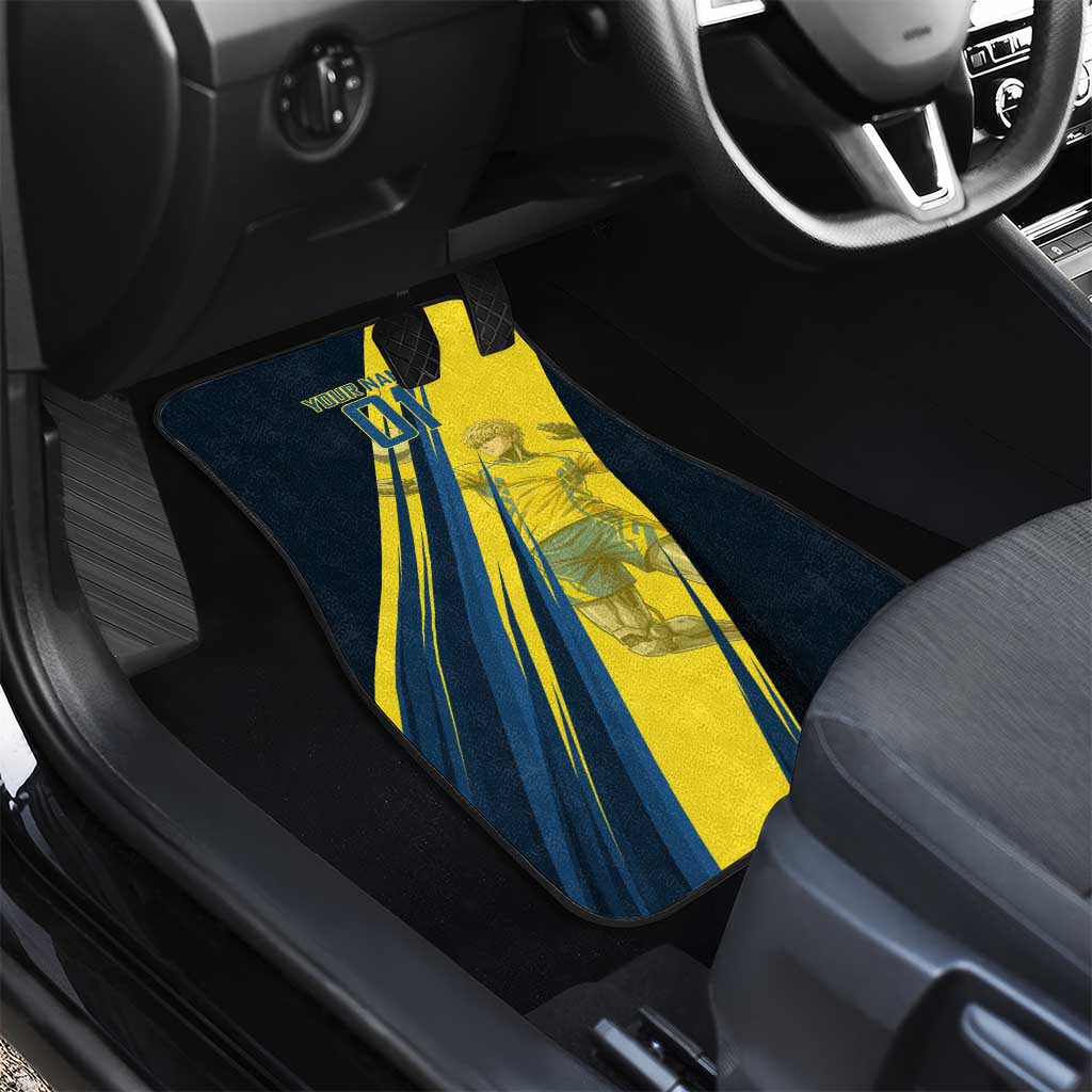 Personalized Genos Volleyball Design Car Mats with Yellow and Blue Athletic Theme and Dynamic Spike Pose