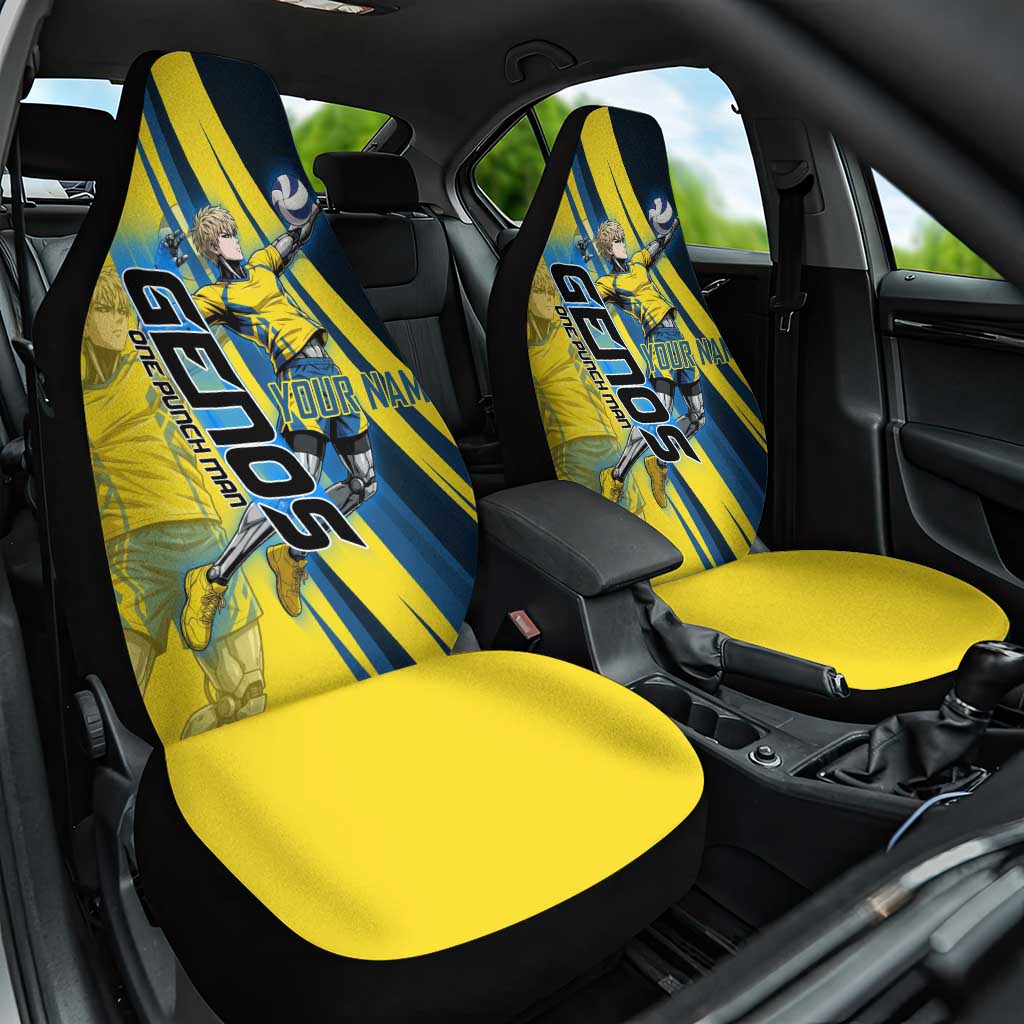 Personalized Genos Volleyball Design Car Seat Cover with Yellow and Blue Athletic Theme and Dynamic Spike Pose