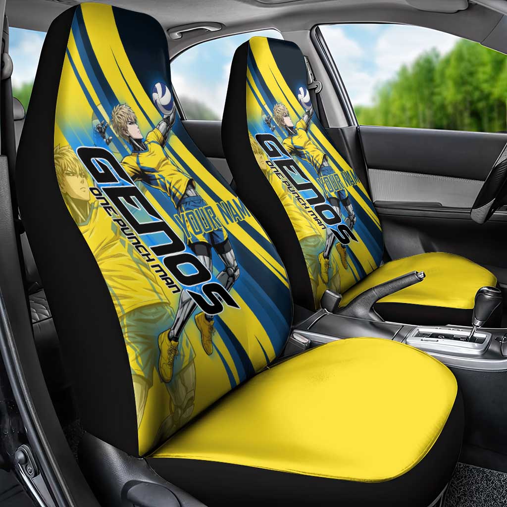 Personalized Genos Volleyball Design Car Seat Cover with Yellow and Blue Athletic Theme and Dynamic Spike Pose