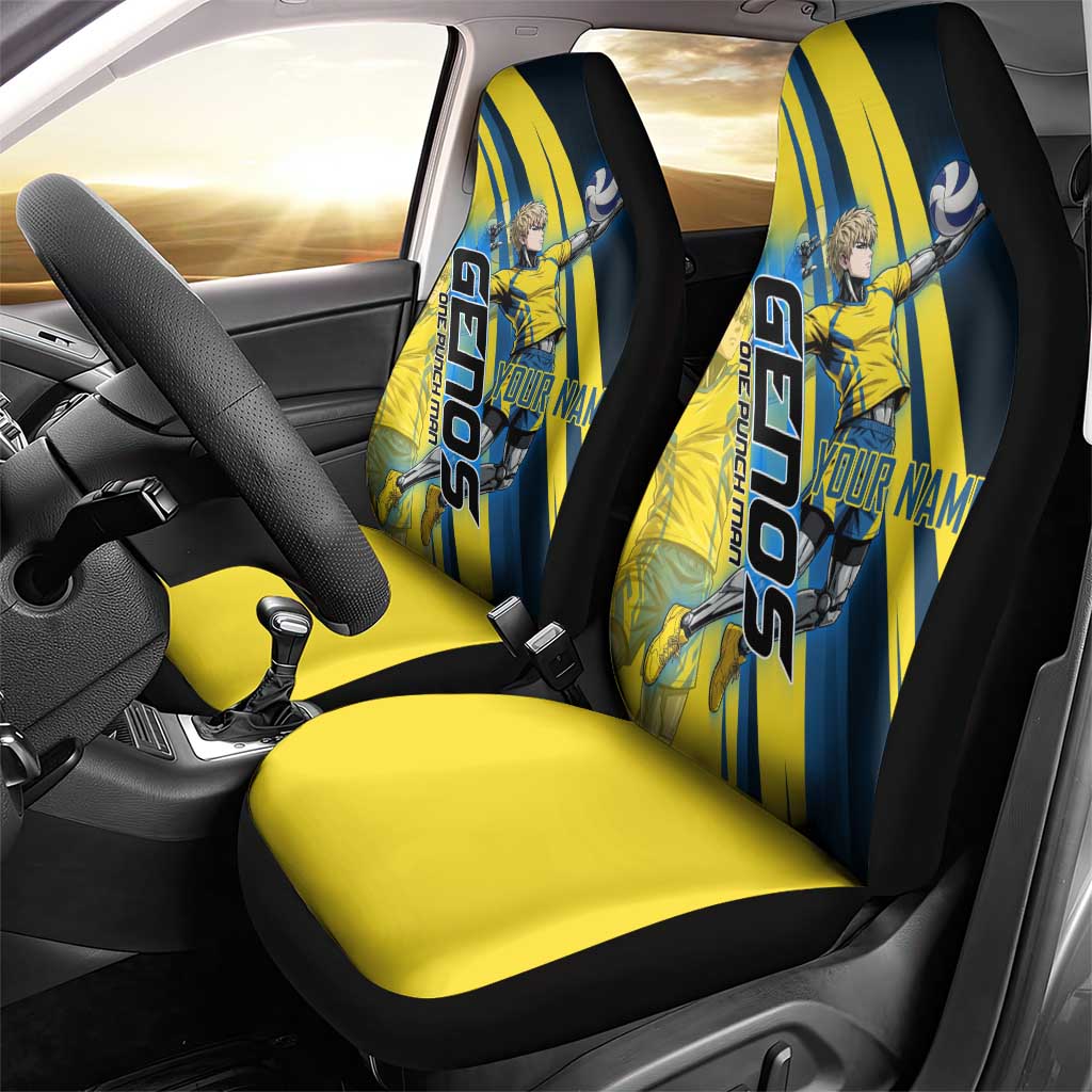 Personalized Genos Volleyball Design Car Seat Cover with Yellow and Blue Athletic Theme and Dynamic Spike Pose