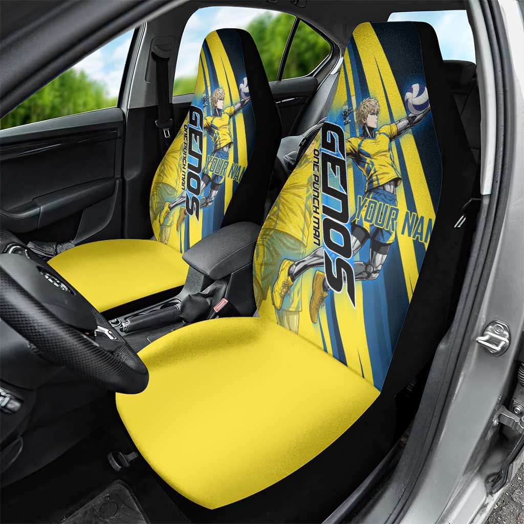 Personalized Genos Volleyball Design Car Seat Cover with Yellow and Blue Athletic Theme and Dynamic Spike Pose