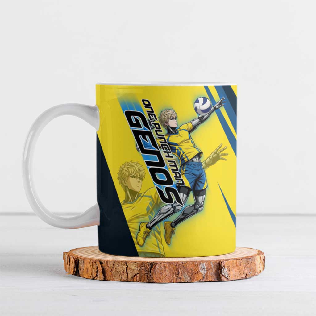 Personalized Genos Volleyball Design Ceramic Mug with Yellow and Blue Athletic Theme and Dynamic Spike Pose