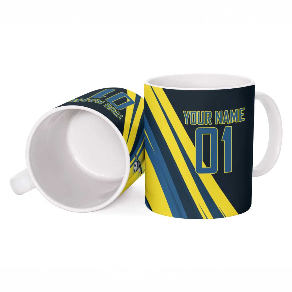 Personalized Genos Volleyball Design Ceramic Mug with Yellow and Blue Athletic Theme and Dynamic Spike Pose