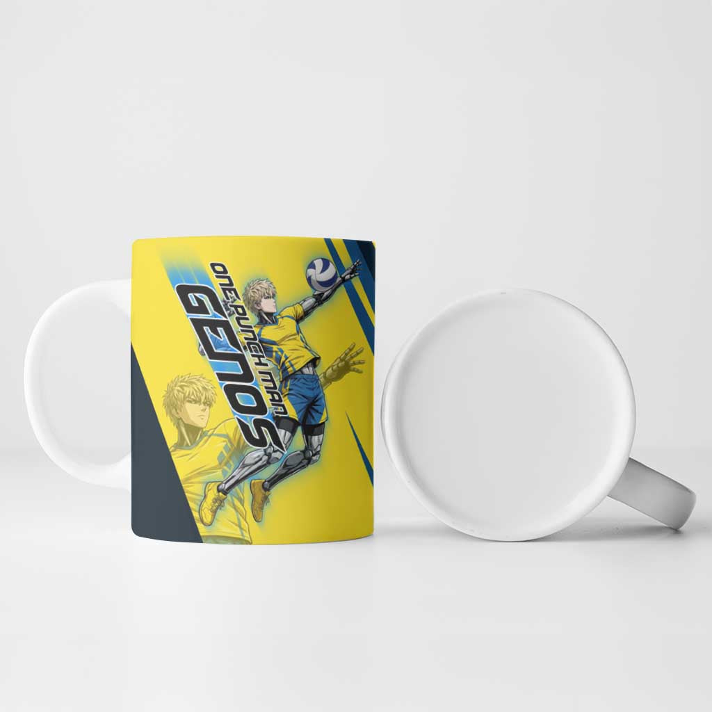 Personalized Genos Volleyball Design Ceramic Mug with Yellow and Blue Athletic Theme and Dynamic Spike Pose