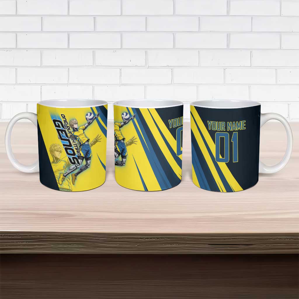 Personalized Genos Volleyball Design Ceramic Mug with Yellow and Blue Athletic Theme and Dynamic Spike Pose