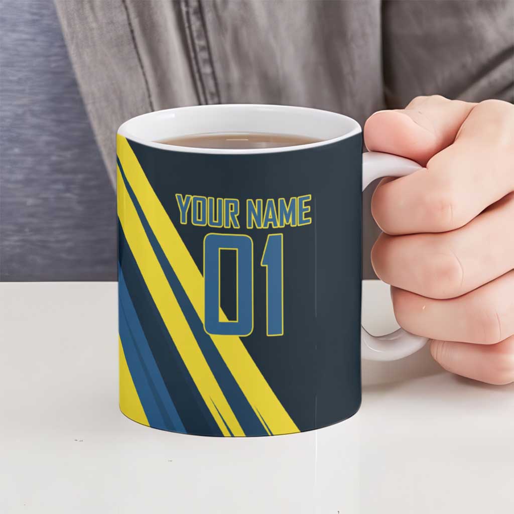 Personalized Genos Volleyball Design Ceramic Mug with Yellow and Blue Athletic Theme and Dynamic Spike Pose