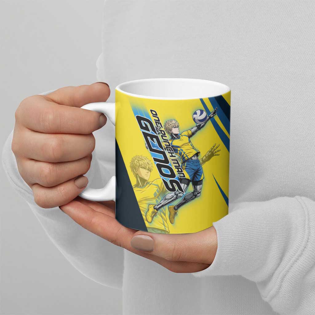 Personalized Genos Volleyball Design Ceramic Mug with Yellow and Blue Athletic Theme and Dynamic Spike Pose